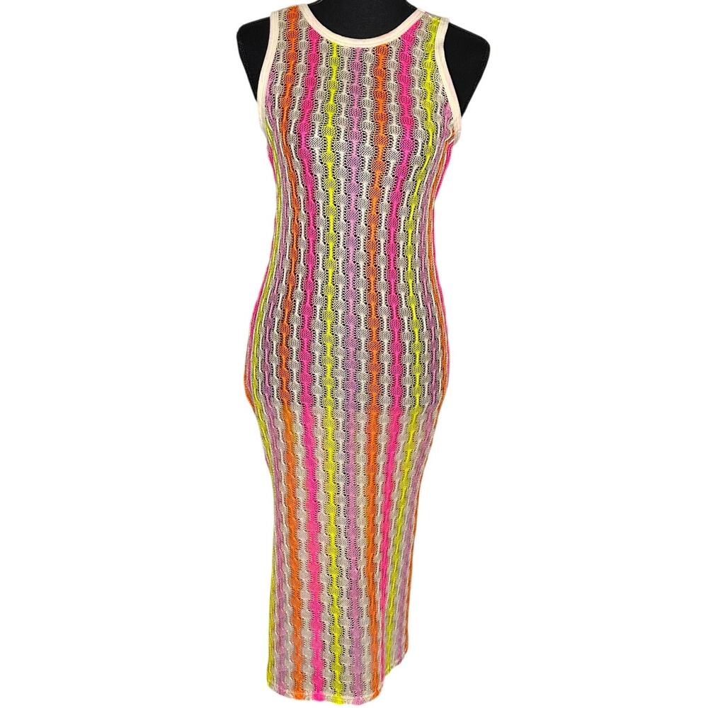 Miken Swim Neon Stripe Crochet Maxi Cover Up Dress Women’s Size Small Cream New